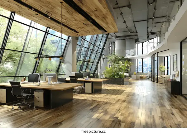 Modern Open Plan Office with Large Windows and Wooden Floors