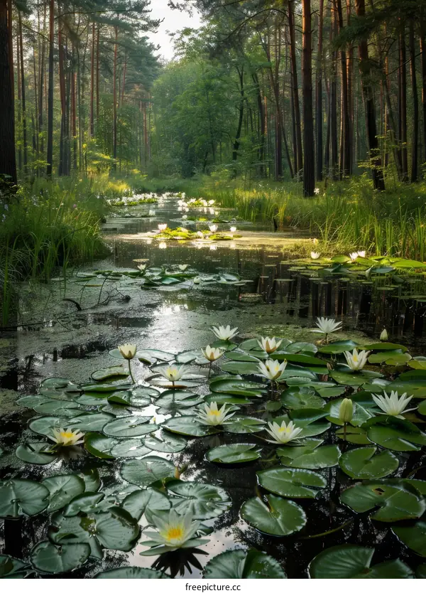 Mystical Forest Pond with Glowing Water Lilies