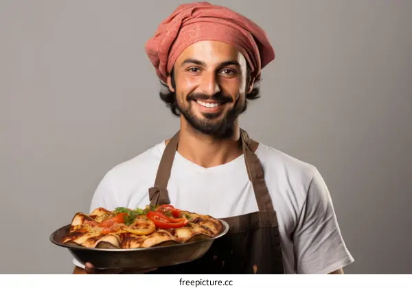 Smiling middle eastern chef holding a pizza