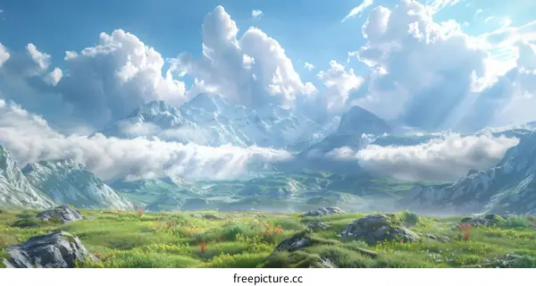 Fantasy Mountain Landscape with Rolling Green Hills and Blue Sky