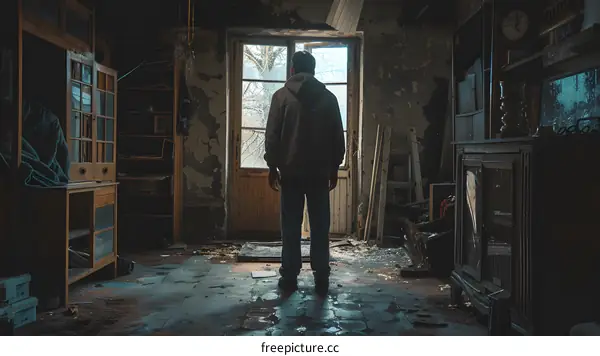 A man standing in a ruined house