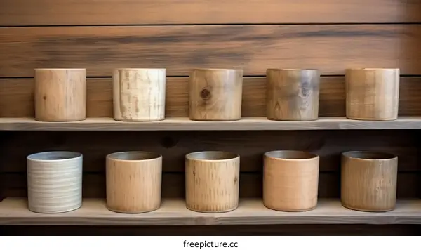 Cylindrical wooden containers with natural wood grain pattern