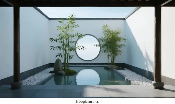 Traditional Chinese Courtyard with Circular Window and Bamboo Plants