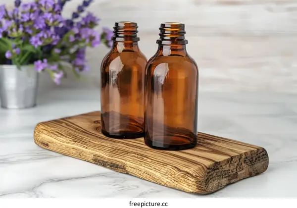 Two amber glass bottles with lavender in the background
