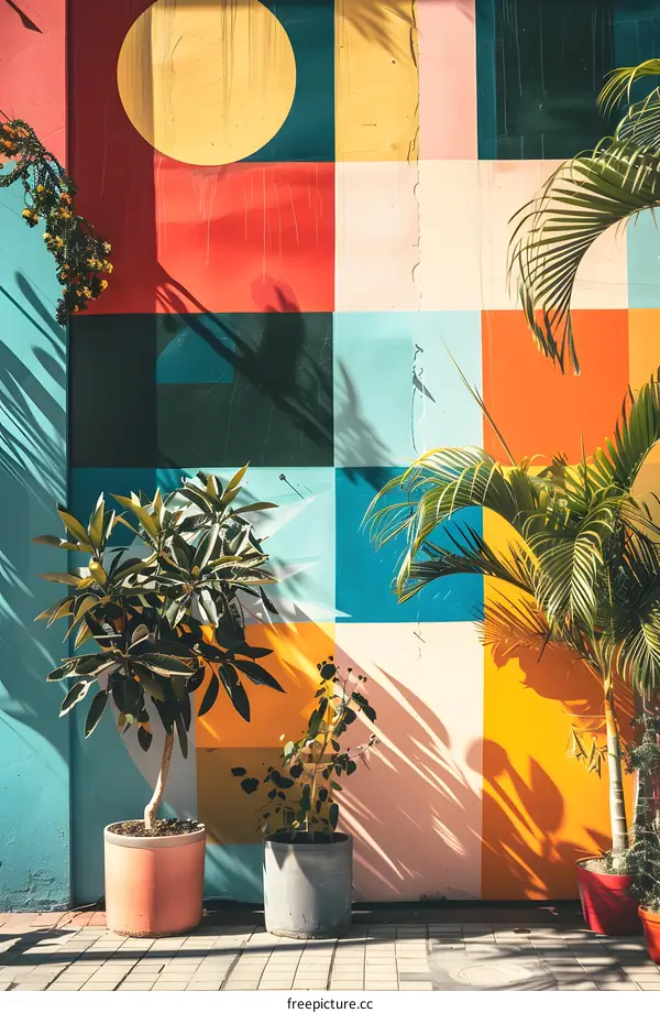 Colorful Geometric Wall With Green Plants