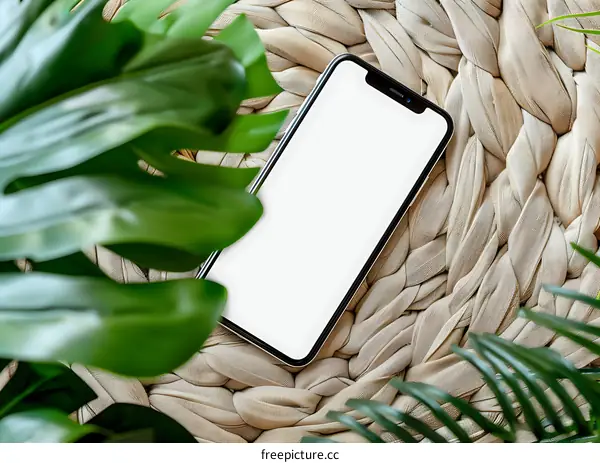 Modern Smartphone Mockup on Woven Background with Green Leaves