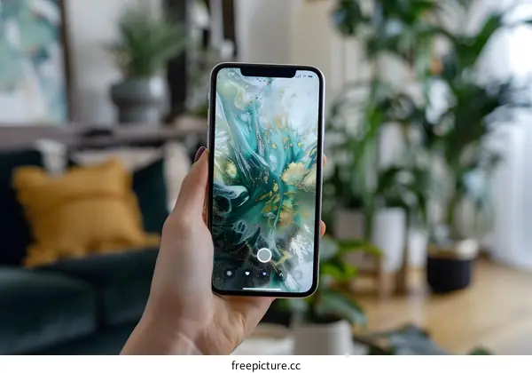 Hand Holding Phone with Green and Gold Abstract Art on the Screen