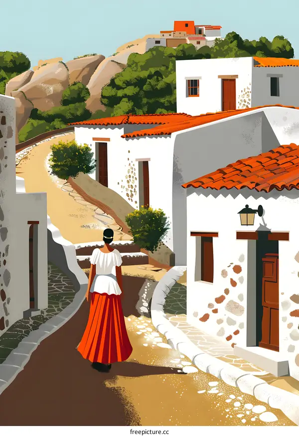 Woman walking in a village with white houses and red roofs