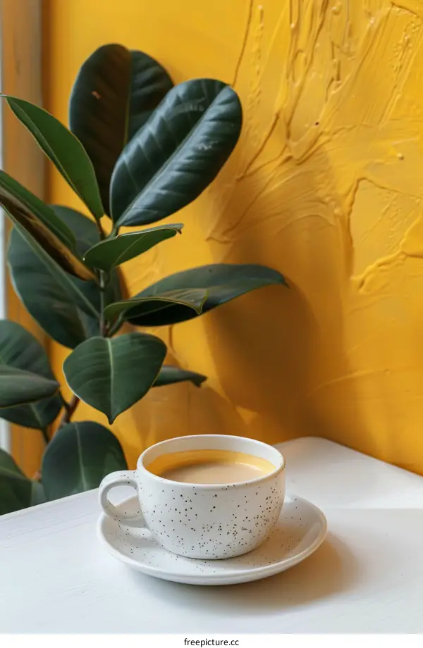 White Coffee Cup with Plant on Yellow Background