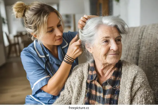 Caregiver Caring for Elderly Womans Hair