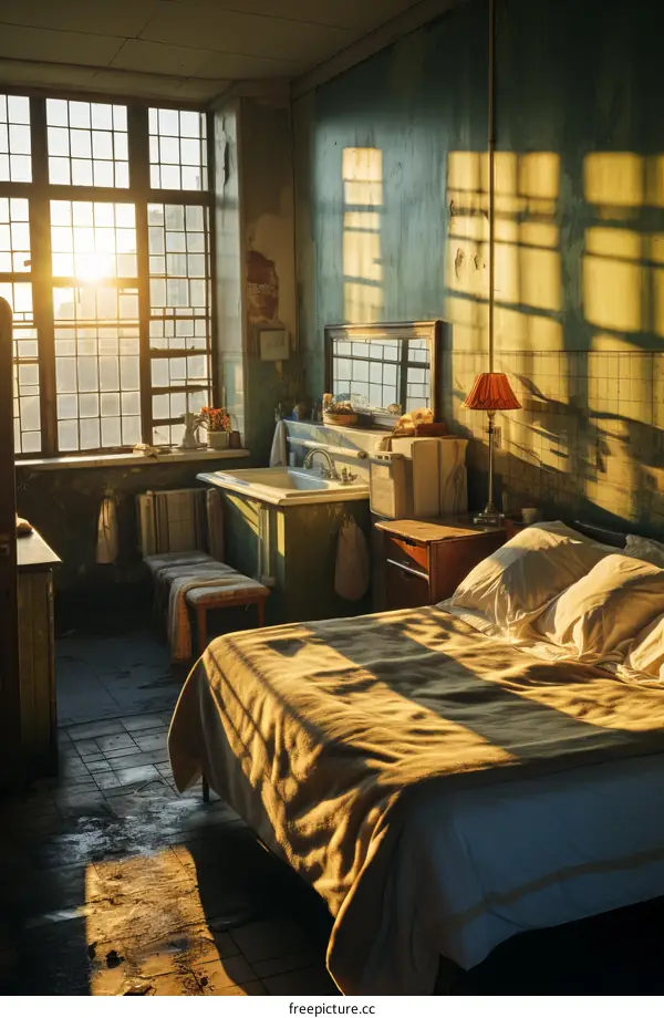 Messy Bedroom with Bed and Washbasin by Window