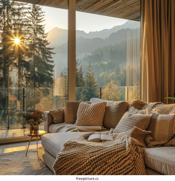 Modern living room interior with large windows and mountain view