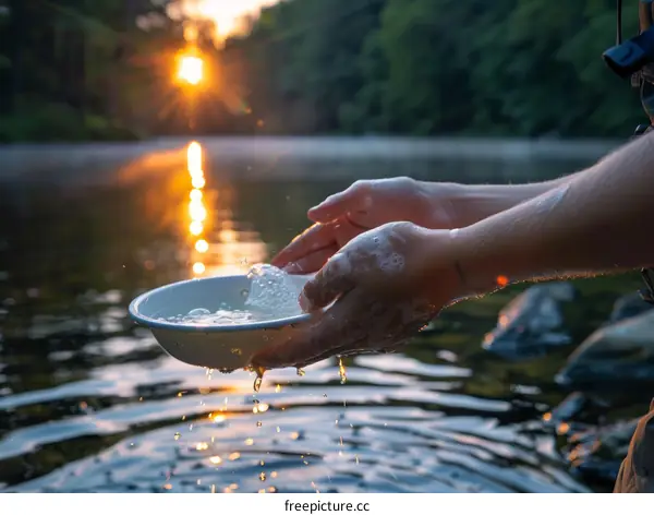 A person washing dishes in a river at sunset