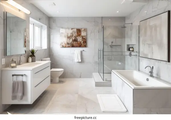 Ensuite bathroom with marble tiles and large glass shower