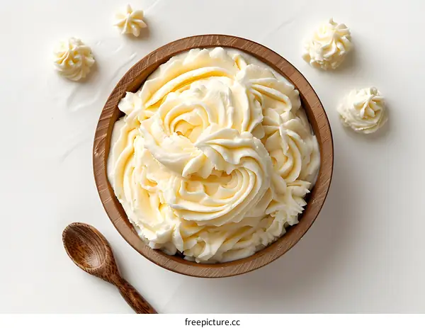 Close-up of a bowl of buttercream frosting
