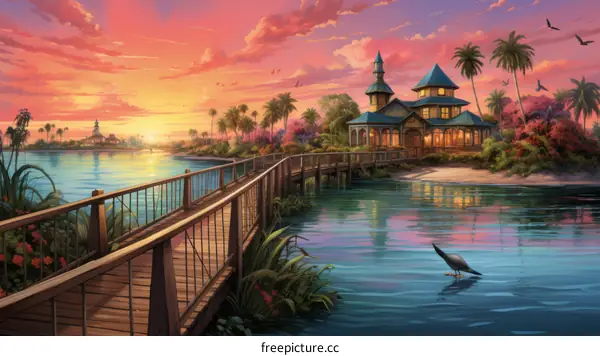 A beautiful lakeside house with a long dock extending into the calm water surrounded by palm trees and lush greenery under a setting sun