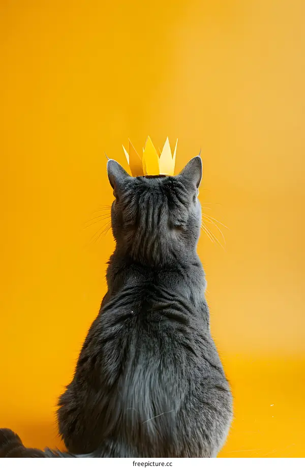 Gray Cat Wearing A Gold Crown On Yellow Background