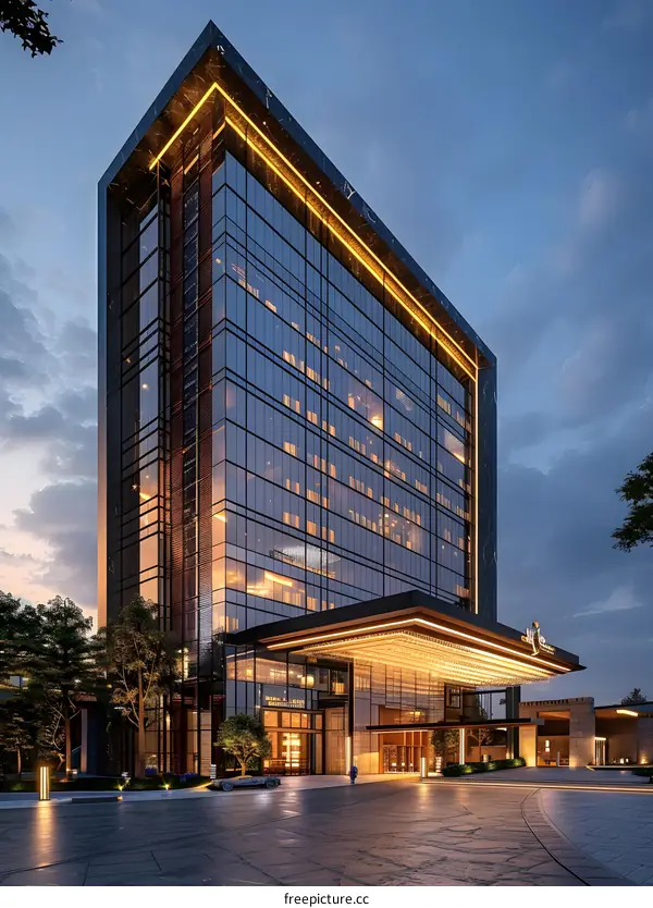 A towering modern glass skyscraper