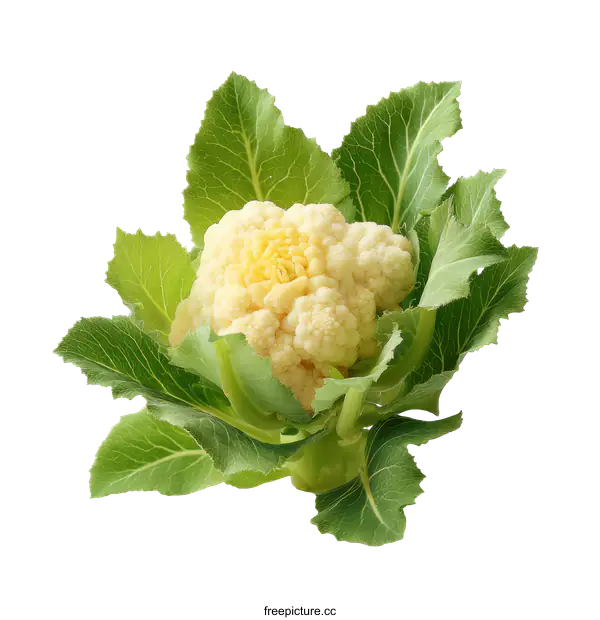 [Transparent Background PNG]Fresh Cauliflower with Leaves Close Up
