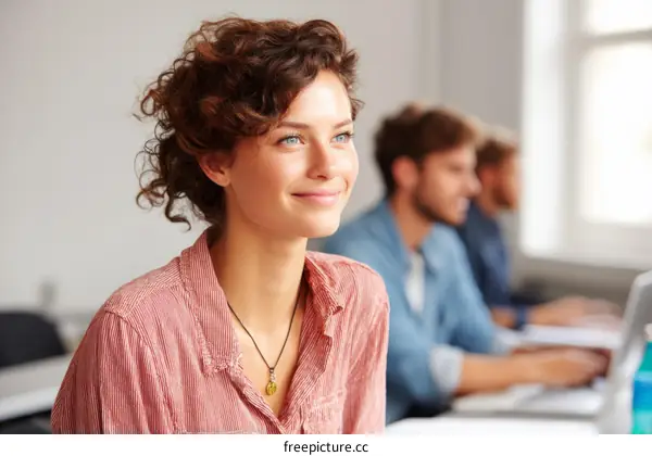 Smiling Woman in a Modern Office Setting