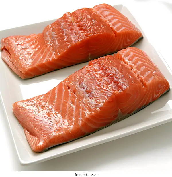 Fresh Salmon Fillets on a White Plate