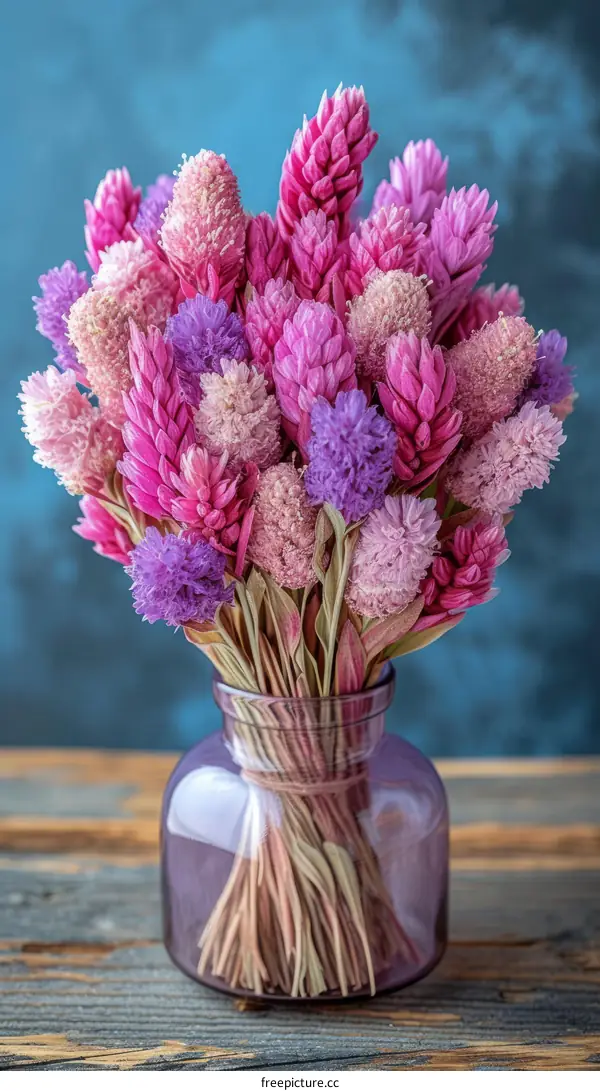 Dried flowers in a vase on a wooden table