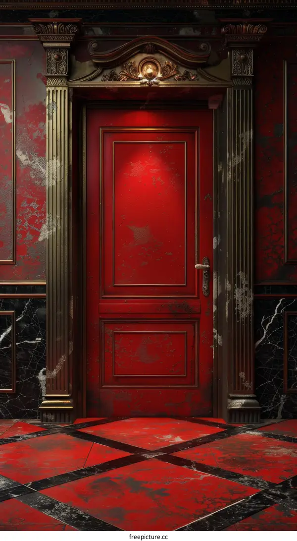 Elegant Red Ornate Door with Marble Floor