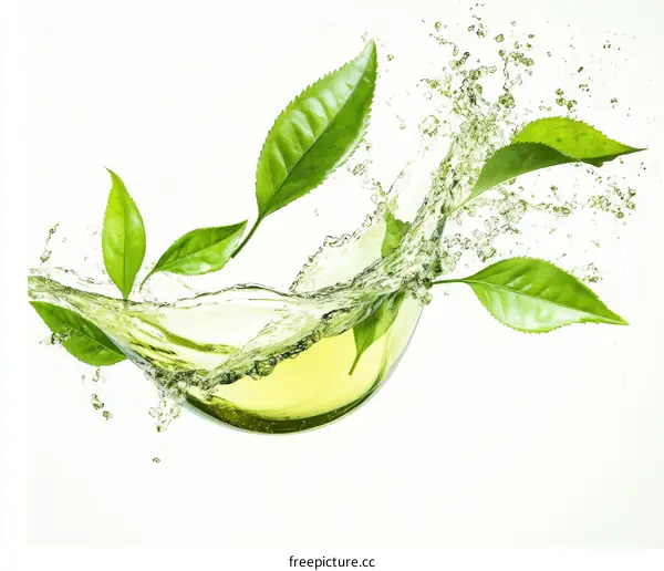 Green Tea Leaves Splashing in Water