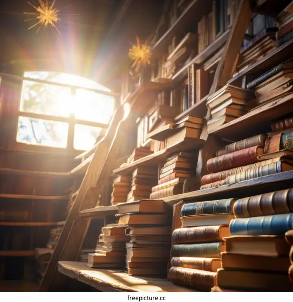 A wooden library filled with old books