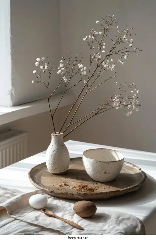 Vase with Flowers on a Wooden Tray
