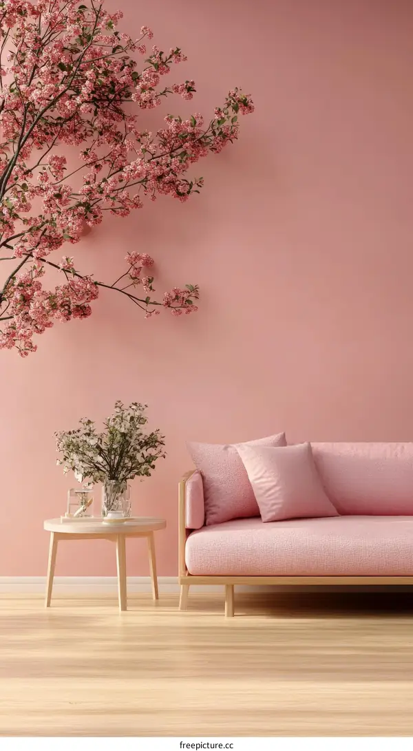Pink Living Room Interior Design with Cherry Blossom