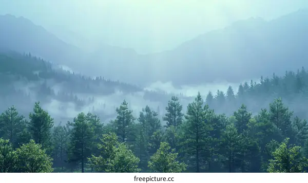 Misty Forest Landscape with Mountains in the Distance
