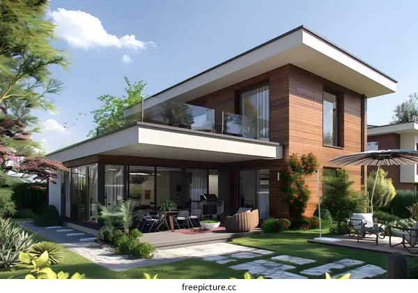 Modern house with large glass windows and a terrace with a barbecue area