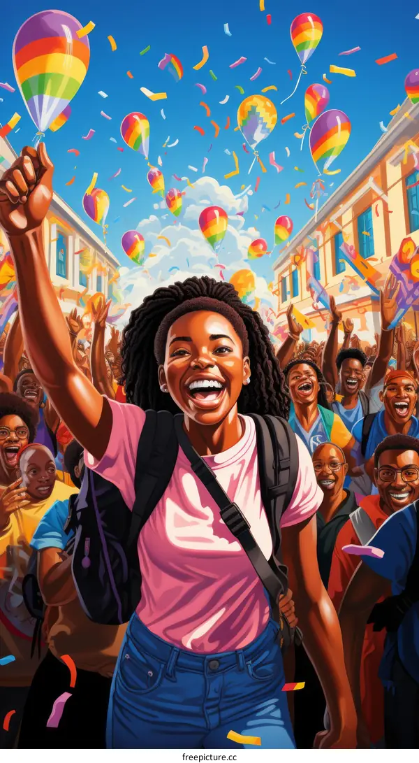 Diverse Crowd Celebrating with Balloons and Confetti in the Street