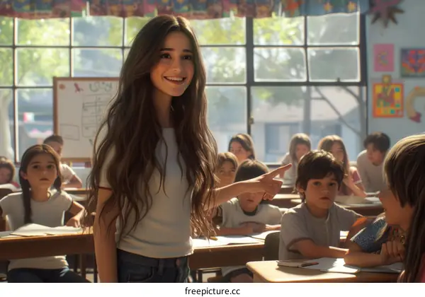 A smiling young woman standing in a classroom of children