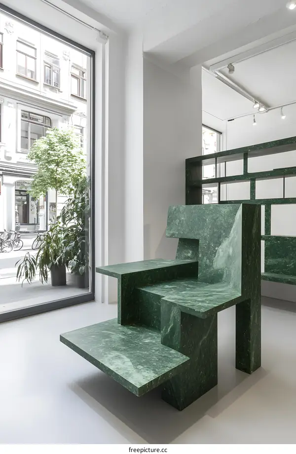 Green Marble Chair and Shelf Unit in Minimalist Interior