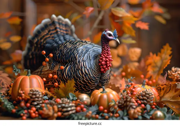 A Thanksgiving turkey surrounded by pumpkins and fall leaves.