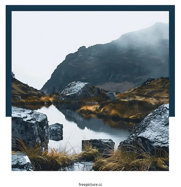 Mountain Lake and Rocks Landscape in Foggy Weather