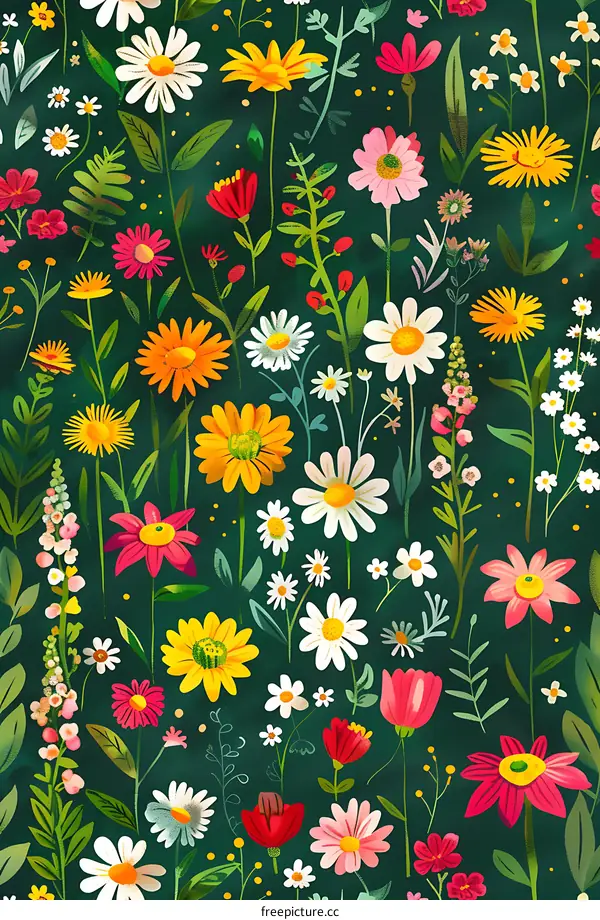 Colorful Floral Pattern With Green Background