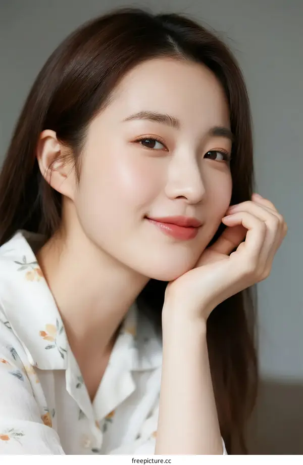 A Young Asian Woman with Long Brown Hair Smiling