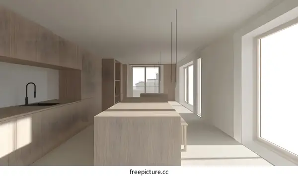 Minimalist Modern Kitchen Interior Design with Wooden Cabinets and Island