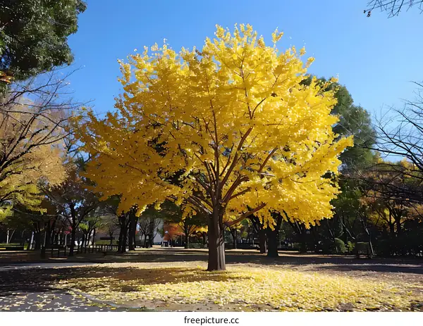 Golden Ginkgo Tree in Autumn Park
