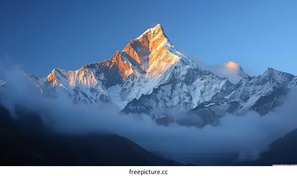 Majestic mountain landscape with snow capped peak at sunrise