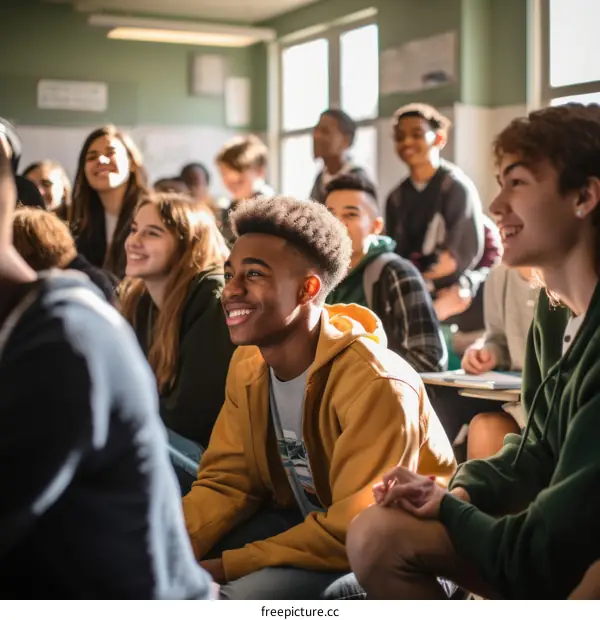 Happy African American teenage boy sitting in a classroom with his classmates