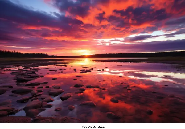 Mesmerizing sunset sky casting vibrant hues on a serene lake