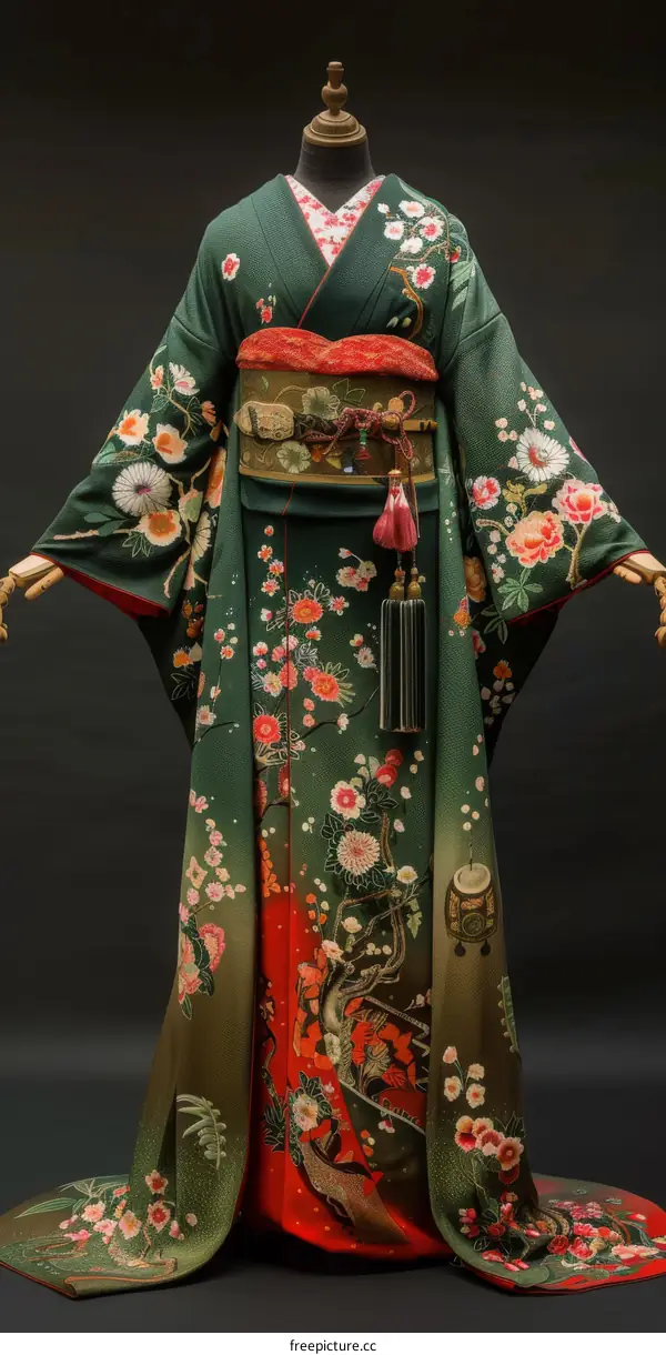 A kimono with a floral pattern and a red obi.