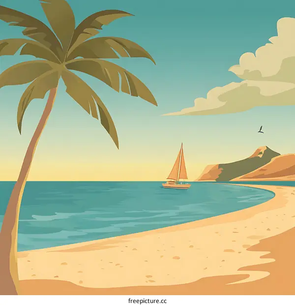 Tropical Beach with Sailboat and Palm Tree Illustration