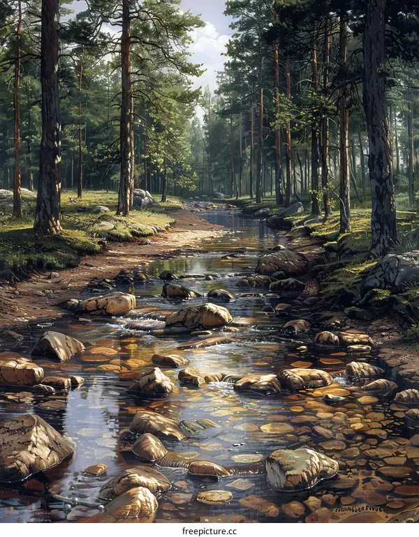 A babbling brook flows through a dense forest