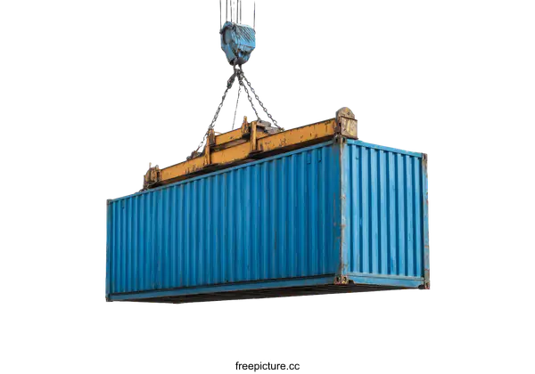 [Transparent Background PNG]Industrial Blue Shipping Container Being Lifted by Crane