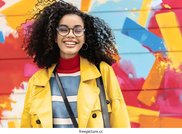 Smiling Woman Wearing Yellow Jacket in Front of a Graffiti Wall